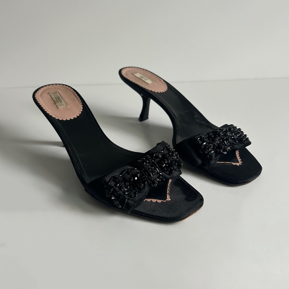 Vintage Prada Black Beaded Bow Slide Mule Kitten Heels Size EU 39.5 - Picture 8 of 13